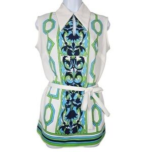 Authentic 60s Vintage Sleeveless White and Blue Patterned Tunic